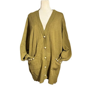Womens XXL My Danielle Olive Green Cardigan Sweater Pearl embellishments pockets
